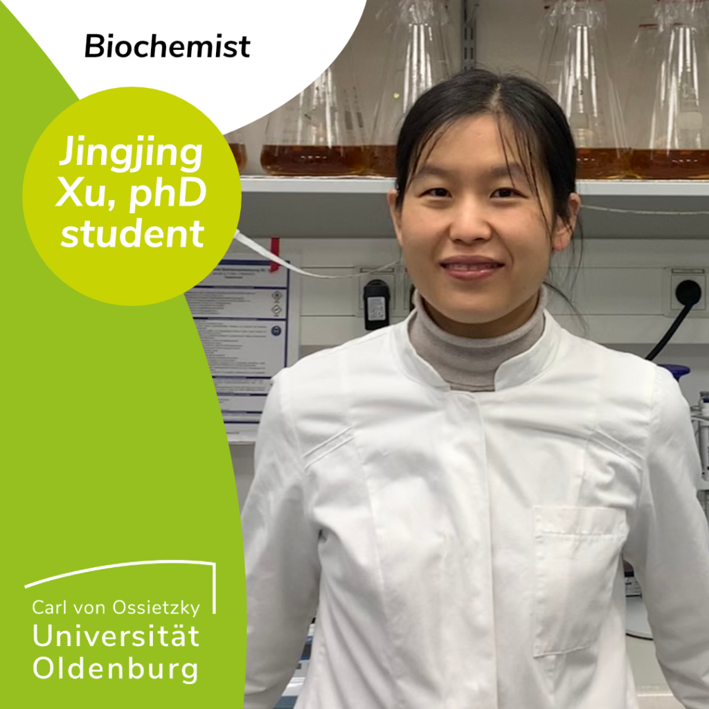 On the first page, you can see the text „Biochemist Jingjing Xu, phD student“. There is a picture of her in the lab. She is wearing a white lab coat, is a Person of Color and wears her black hair in a ponytail. She is smiling directy into the camera. She is standing in front of a shelf with Erlenmeyer flasks filled with fluid.