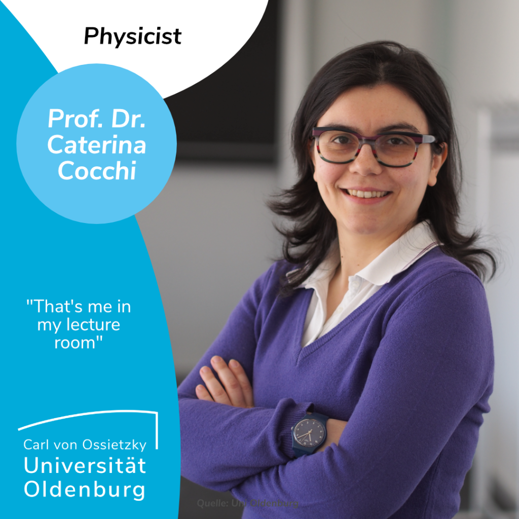 This Post portrays Physicist Prof. Dr. Caterina Cocchi. On this slide, she is shown in her lecture room.