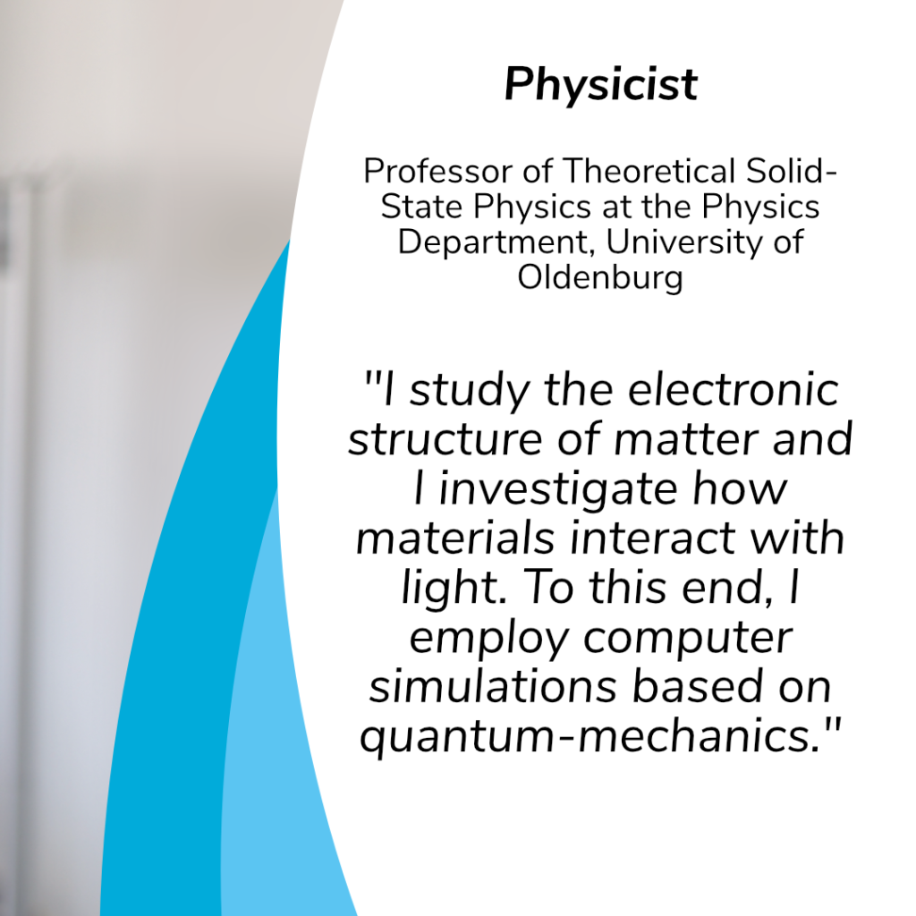 Caterina Cocchi is a Professor of Theoretical Solid-State Physics at the Physics Department, University of Oldenburg. She explains her field of work in the following way: "I study the electronic structure of matter and I investigate how materials interact with light. To this end, I employ computer simulations based on quantum-mechanics."