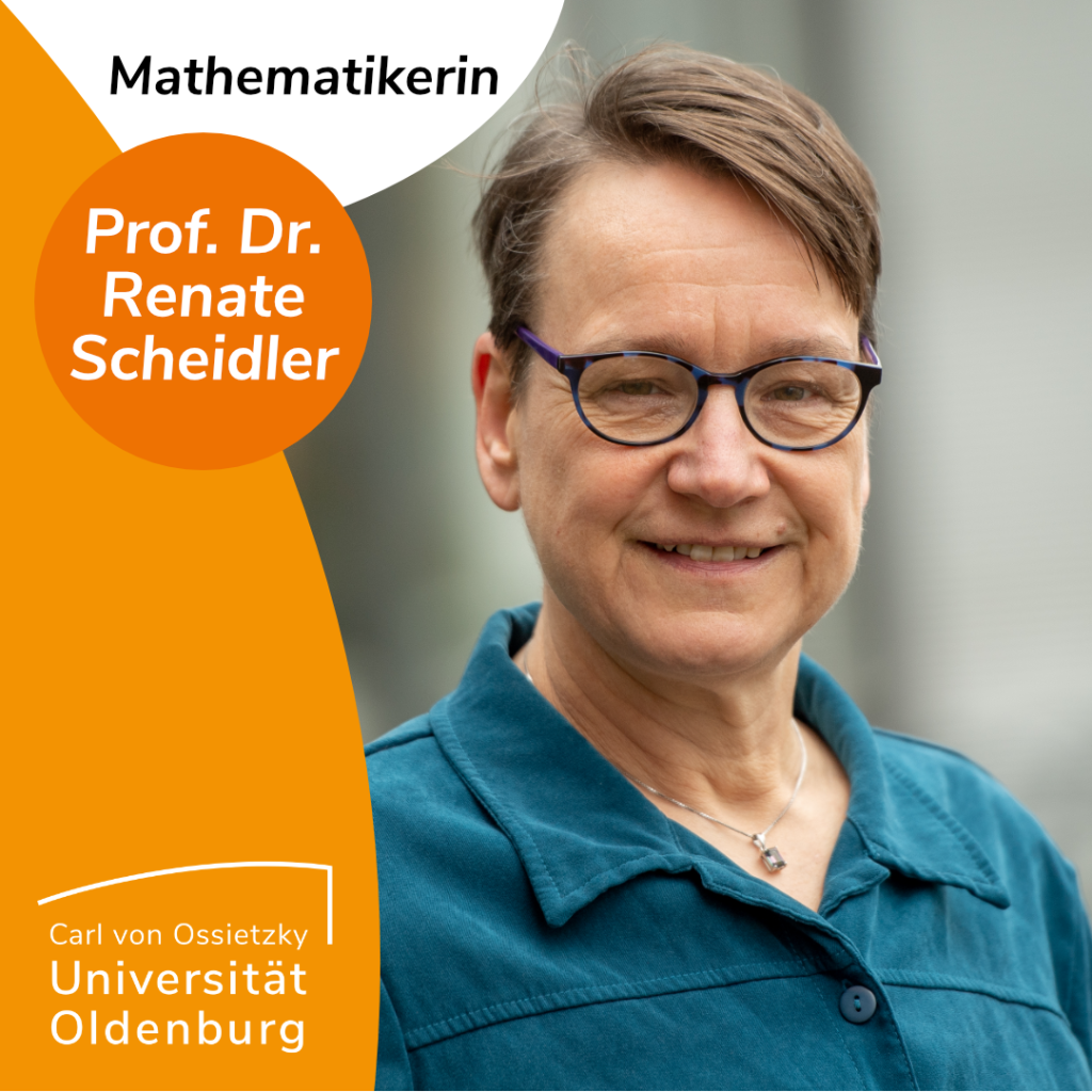 Wir stellen die Mathematikerin Prof. Dr. Renate Scheidler, hier abgebildet, in unserem Interview-Format vor. Zu sehen ist ein Portraitfoto von ihr, einer weißen Person, welche ein blaues Hemd und eine Brille trägt. Sie hat kurze Haare und lächelt in die Kamera. 
