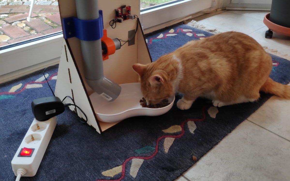 Studentisches Projekt eines Katzenfütterautomaten in Betrieb und eine Katze, die daraus isst. 