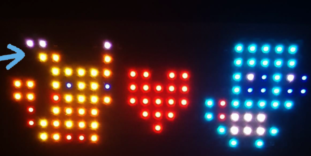 Durch LED-Matrix erzeugtes Bild von Pikachu links, Schiggy rechts, und einem Herz in der Mitte. 