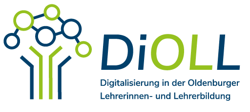 Logo des Projektes DiOLL (Digitalisierung in der Oldenburger Lehrerinnen- und Lehrerbildung). Grün und Blau. 